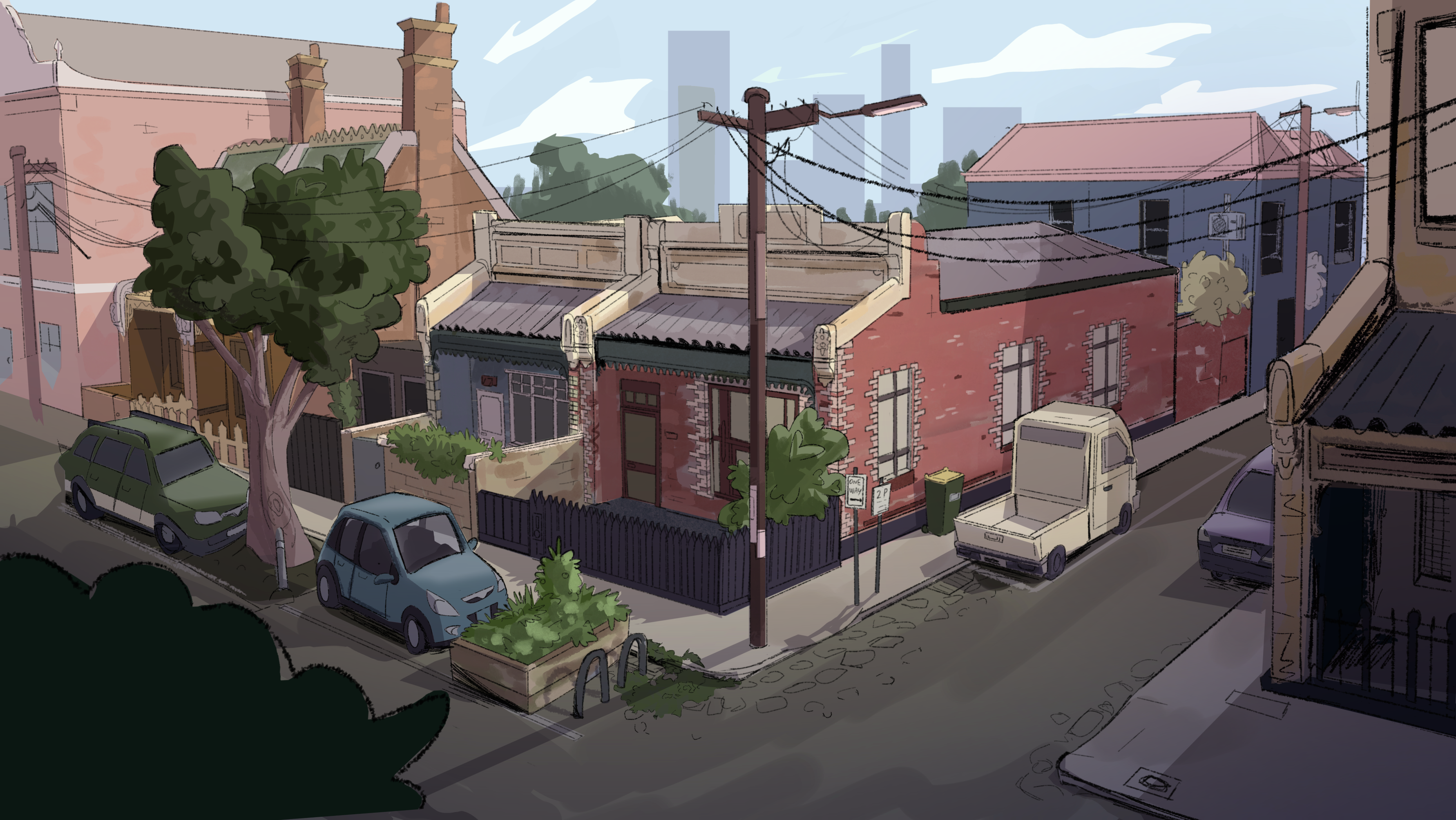 Collarts animation student work - animation of a quiet neighbourhood with brick houses, parked cars, powerlines, trees and a cityscape in the distance. 